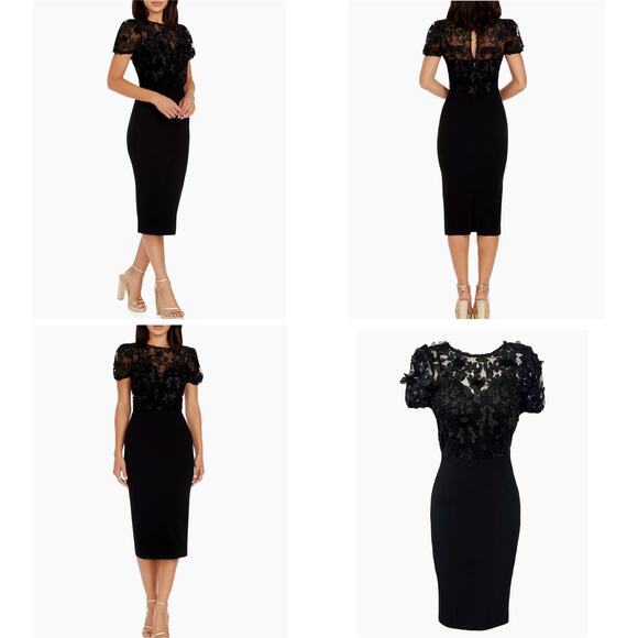 Dress the Population XS Black Puff Sleeve 3D Floral Cocktail Romantic Dress NWT - Picture 1 of 8